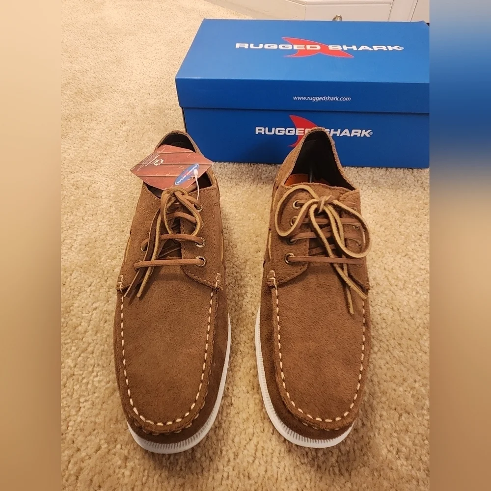 New Rugged Shark Whaler Boat Shoes Casual Brown Suede White Sole Size 10